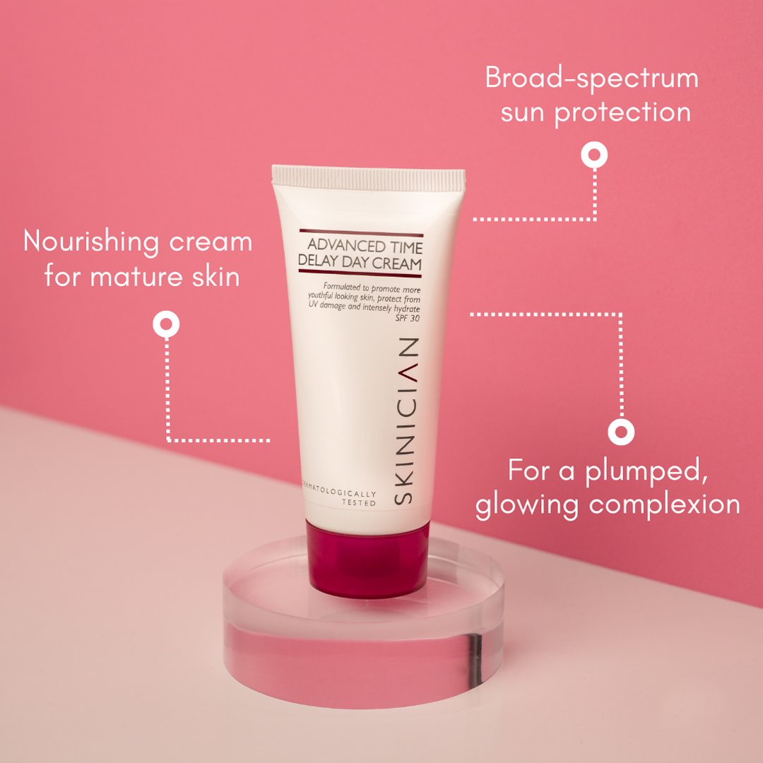 An annotated image of  SKINICIAN Time Delay Day Cream SPF 30. The annotations say 'Nourishing cream for mature skin', 'Broad-spectrum sun protection' and 'For a plumped glowing complexion'