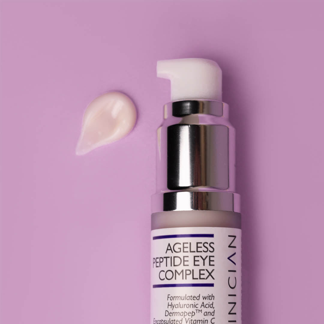 SKINICIAN Ageless Peptide Eye Complex with cream texture, beside airless pump bottle