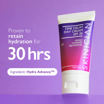 image of SKINICIAN Time Delay Day Cream on purple background with text "proven to retain hydration for 30 hours"