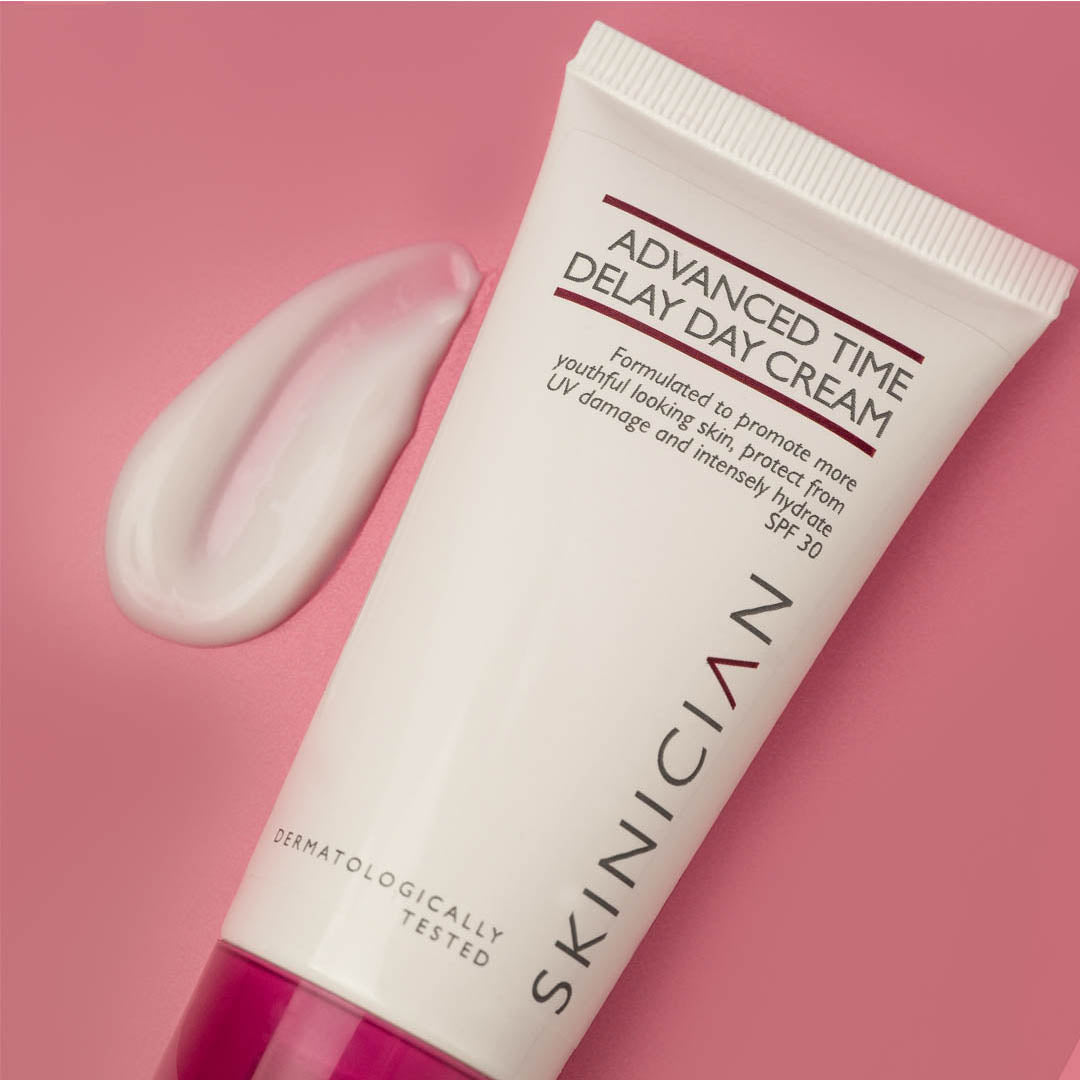 Advanced time delay cream tube with a texture swatch displayed beside tube