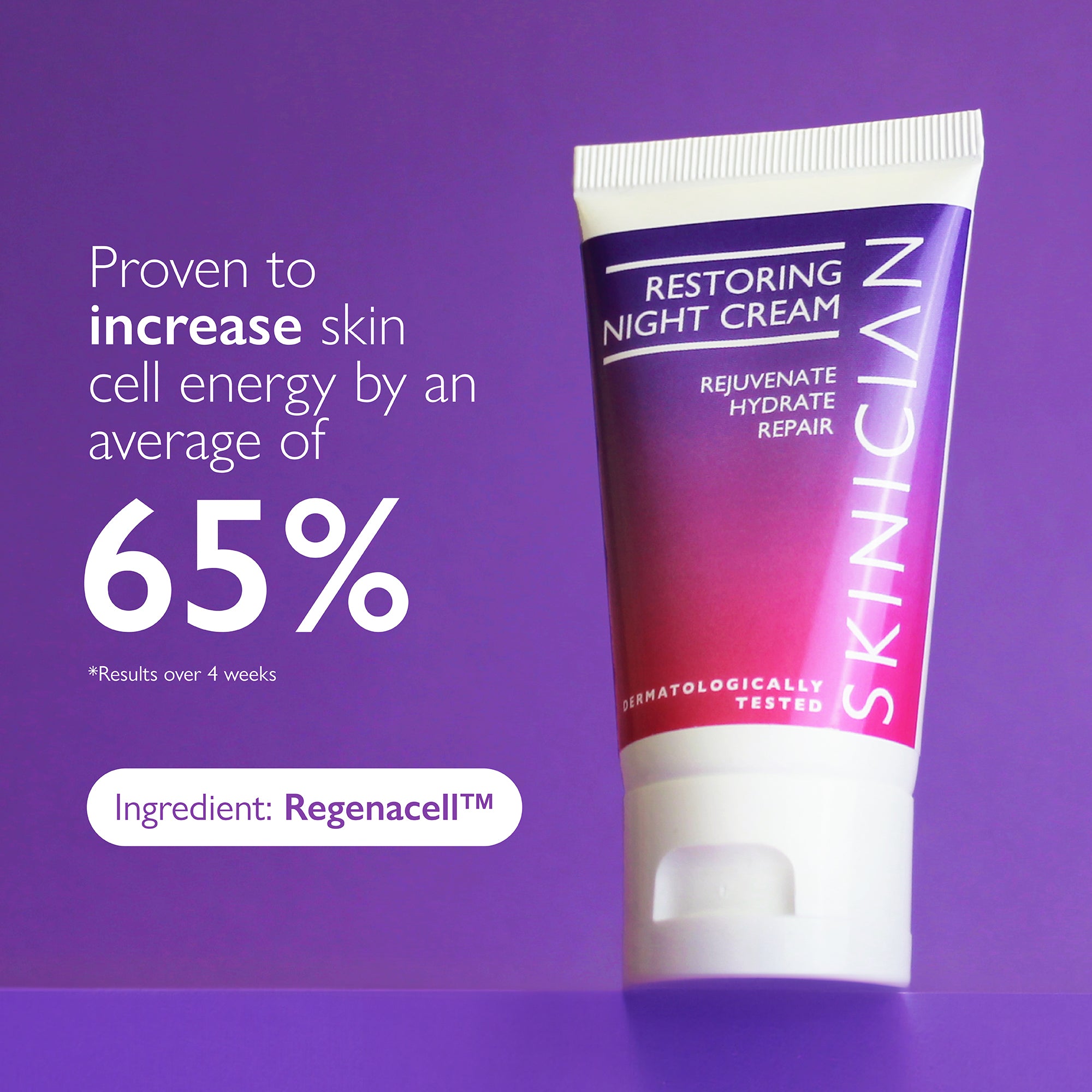 SKINICIAN restoring night cream tube on a purple background with the text 