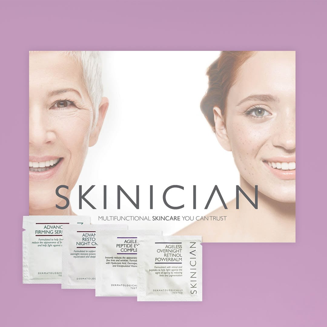 Anti-ageing treatment samples. 4 sachets and a Skinician product brochure