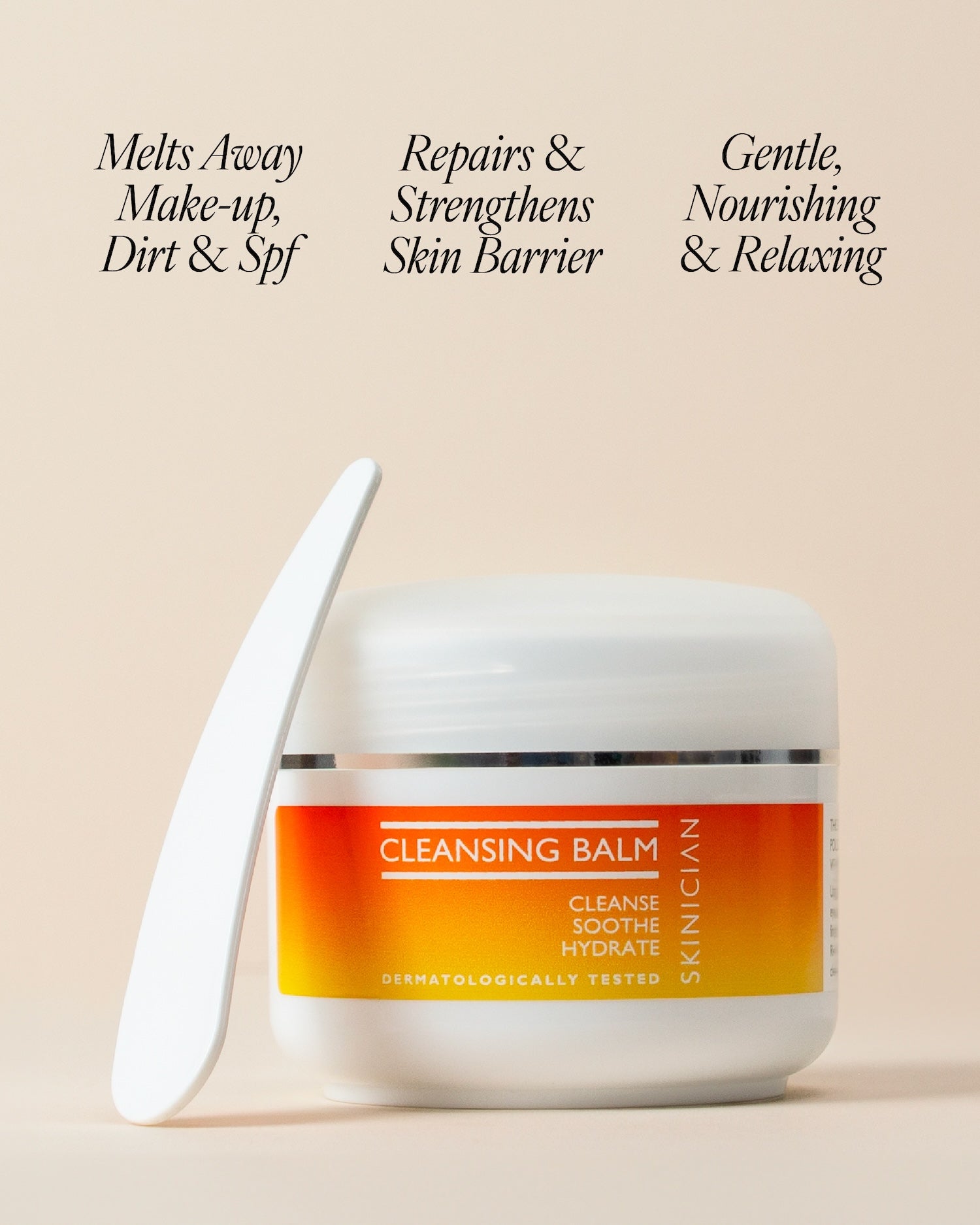 Cleansing balm jar with text highlighting its benefits on a beige background