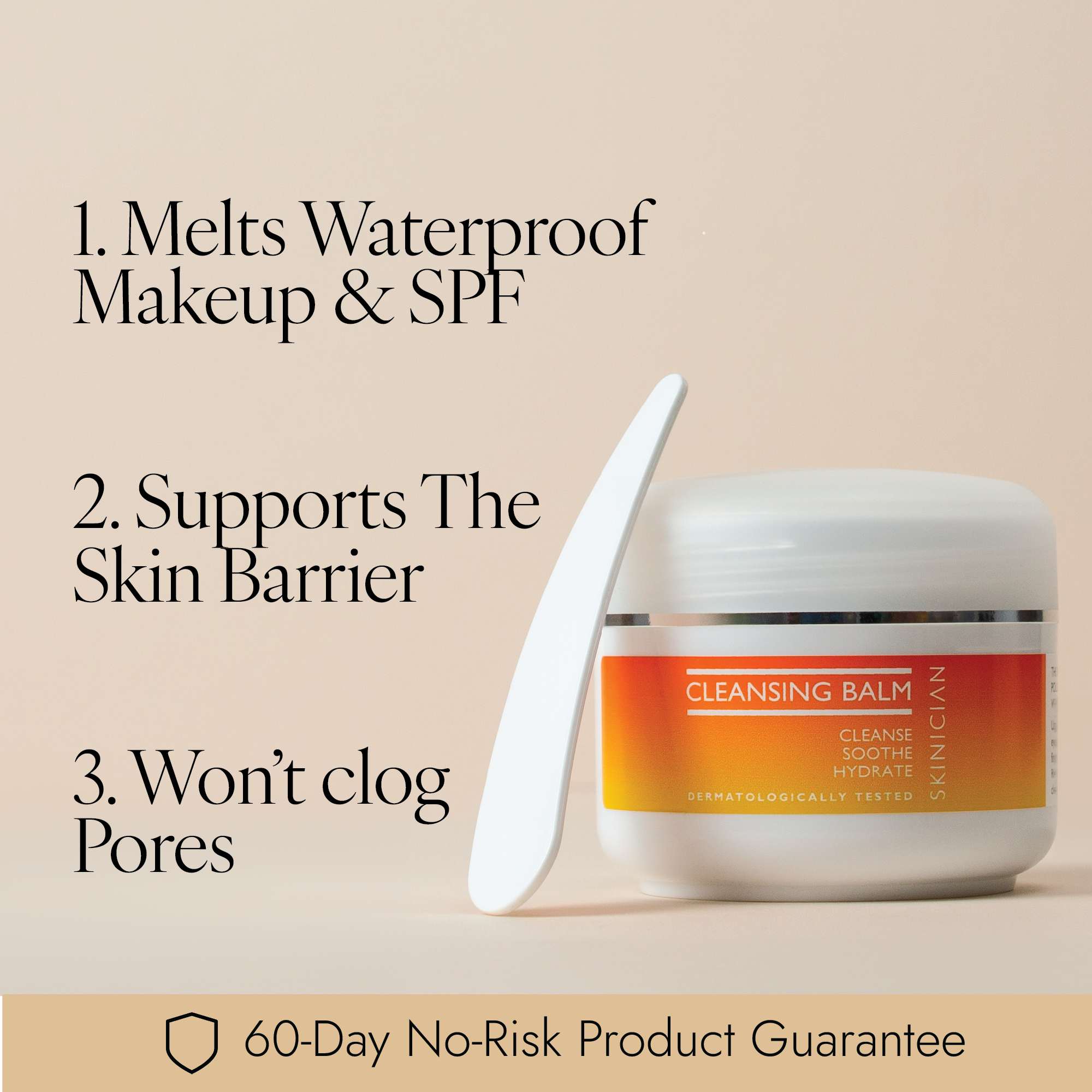A jar of Skinician Cleansing Balm with a white spatula, set against a warm beige background with promotional text highlighting product benefits and a 60-day no-risk guarantee.