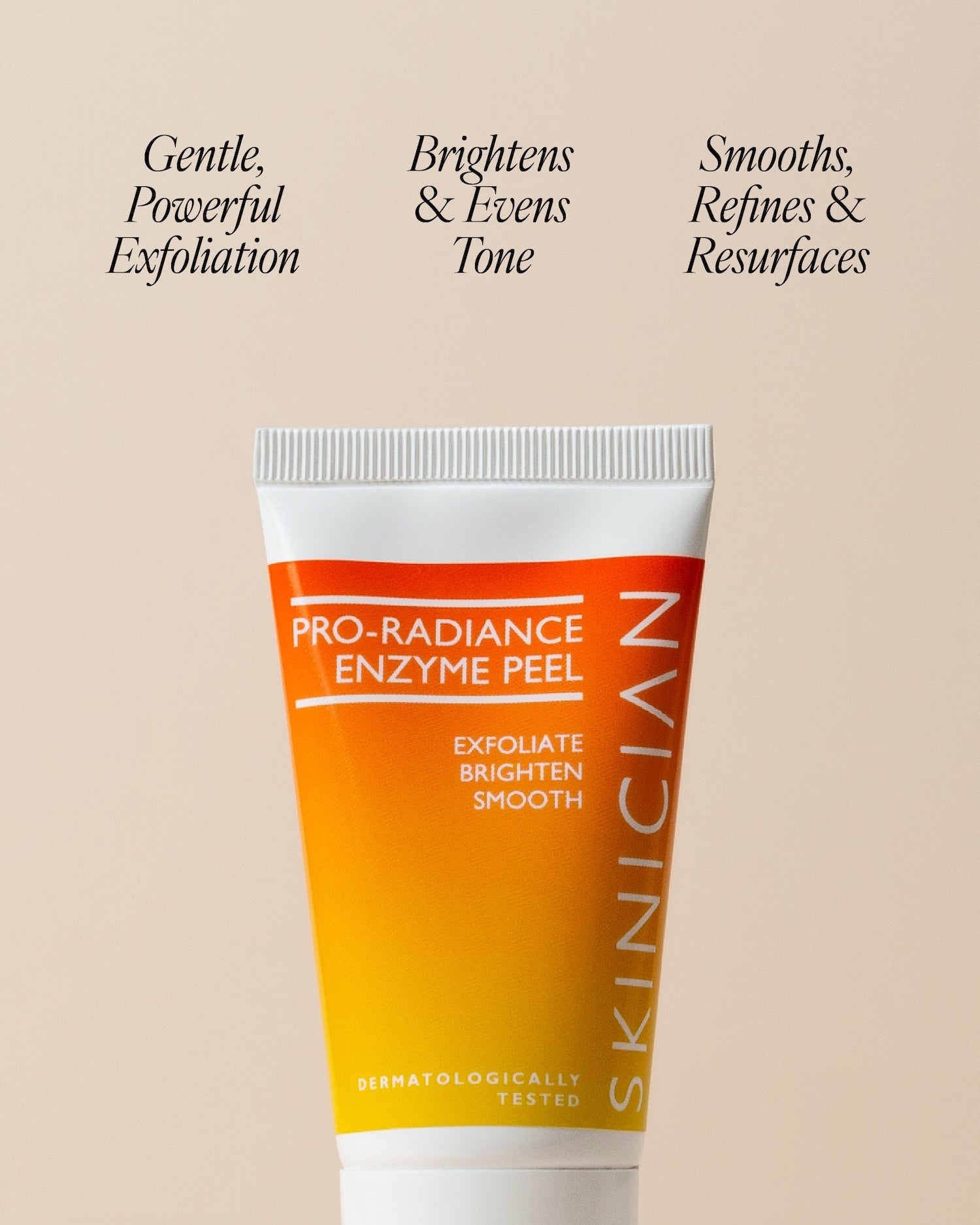 Image of Pro-Radiance Enzyme Peel on a beige background with text "gentle, powerful exfoliation. Brightens & evens tone. Smooths, refines & resurfaces"