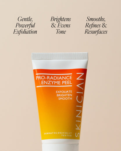 Image of Pro-Radiance Enzyme Peel on a beige background with text "gentle, powerful exfoliation. Brightens & evens tone. Smooths, refines & resurfaces"