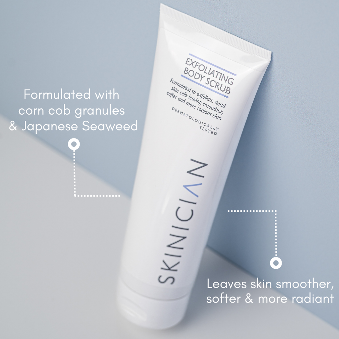 Skinician exfoliating body scrub annotated image. The annotations say 'Formulated with corn cob granules & Japanese Seaweed',  and 'Leaves skin smoother, softer & more radiant'.