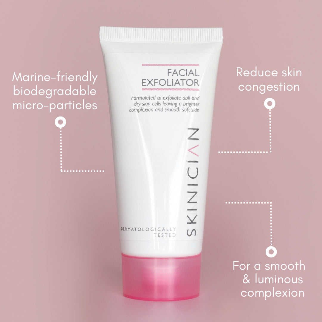 Face exfoliator for dry and sensitive skin annotated image. The annotations say 'Marine-friendly biodegradable micro-particles', 'Reduce skin congestion' and 'For a smooth & luminous complexion'.