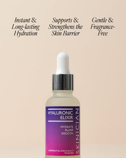 Skinician Hyaluronic Elixir bottle with text highlighting benefits on a beige background
