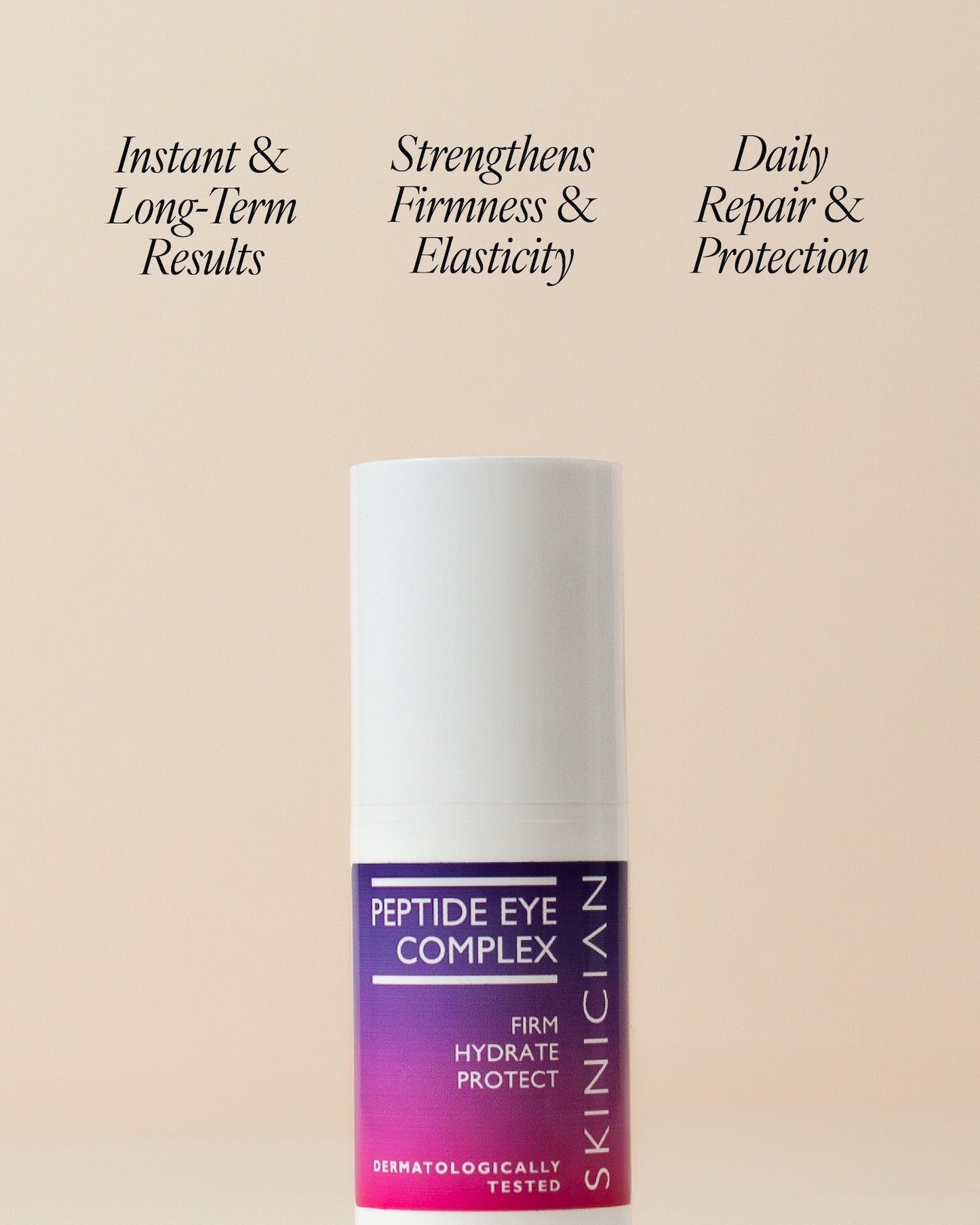 Peptide Eye Complex with text on a beige background. Text reads "instant and long term results. Strengthens firmness and elasticity. Daily repair and protection."