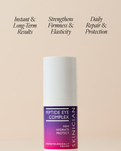 Peptide Eye Complex with text on a beige background. Text reads "instant and long term results. Strengthens firmness and elasticity. Daily repair and protection."