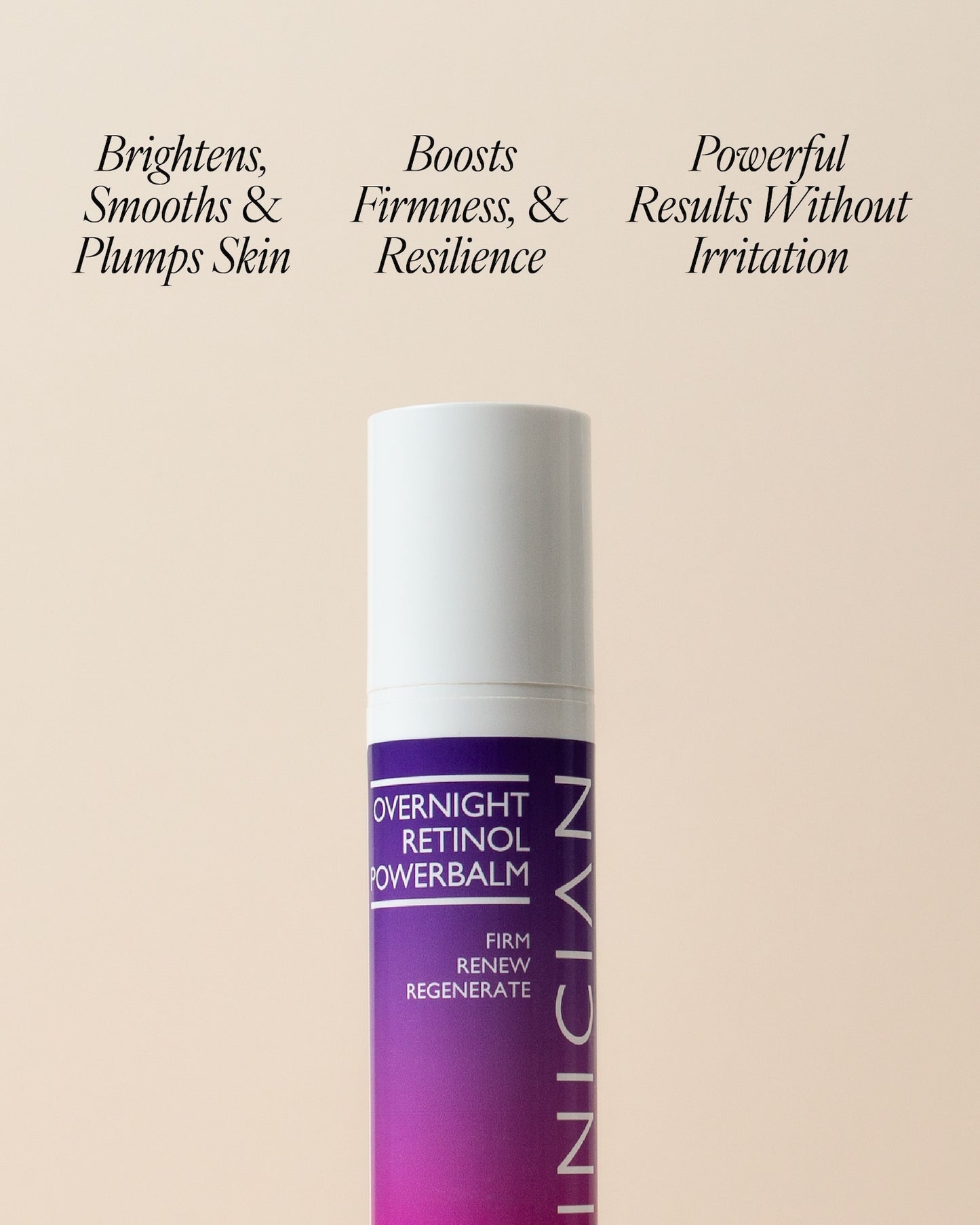 Image of Skinician Retinol Powerbalm on a beige background with text "Brightens, smooths & plumps skin. Boosts firmness & resilience. Powerful results without irritation."