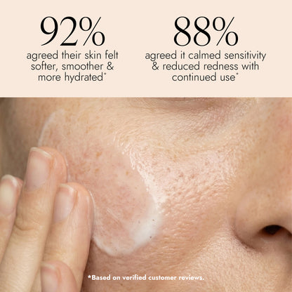 Close-up of a person's face with skincare product, showing skin texture and a hand applying it, with text about customer reviews.