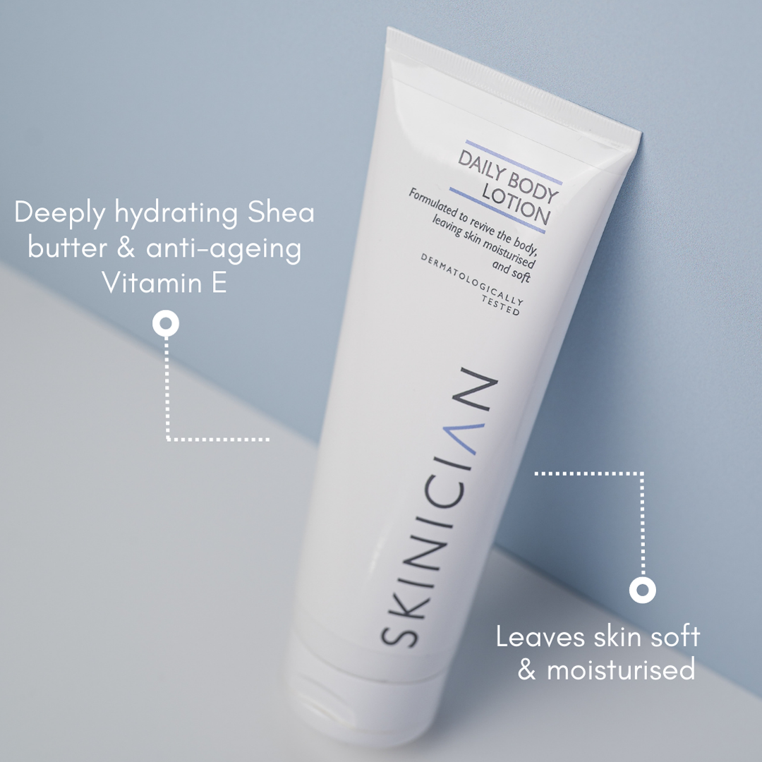 Skinician daily body lotion annotated image. The annotations say 'Deeply hydrating Shea Butter & anti-ageing Vitamin E' and 'leaves skin soft & moisturised.'.