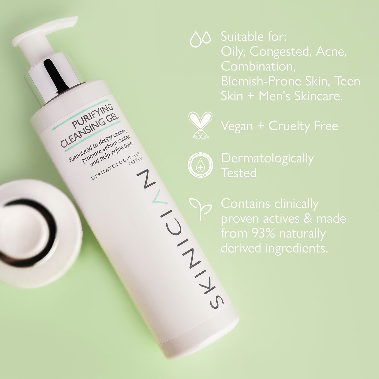 SKINIFIC Purifying Cleansing Gel bottle with product details on a green background
