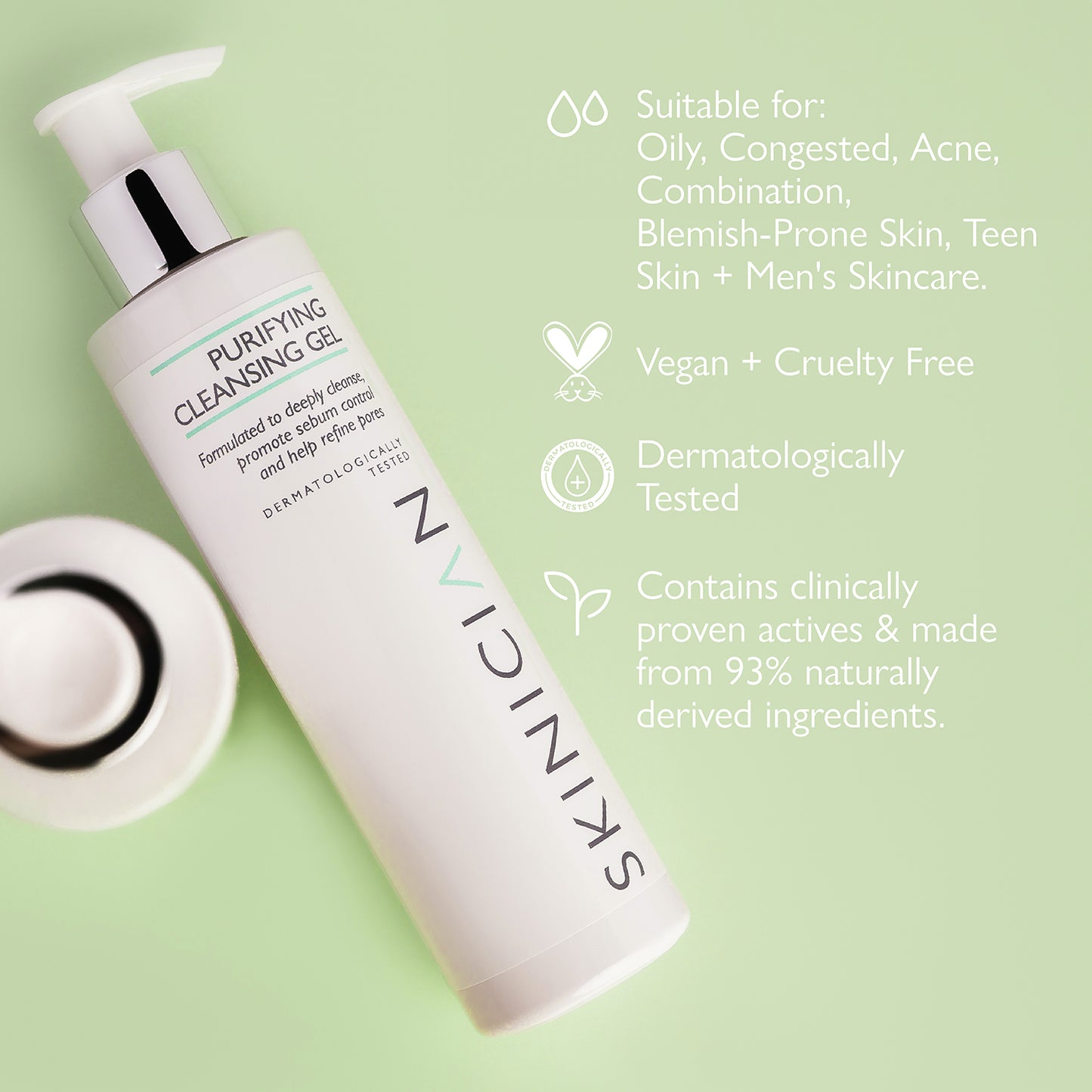 SKINIFIC Purifying Cleansing Gel bottle with product details on a green background