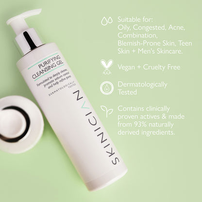 SKINIFIC Purifying Cleansing Gel bottle with product details on a green background