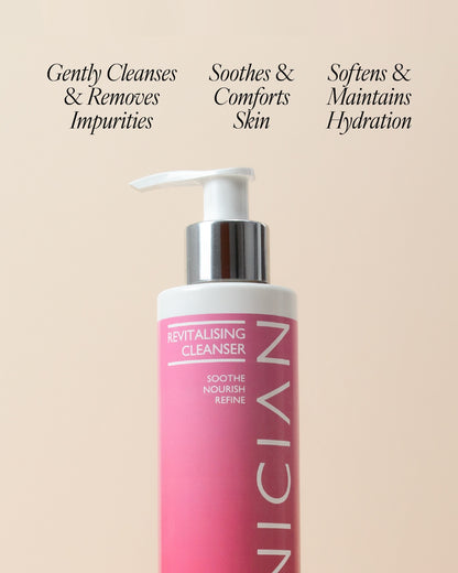 Pink cleanser bottle with text on a beige background featuring product features