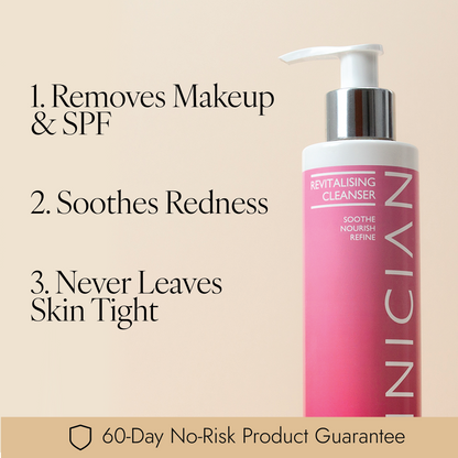 Skinician Revitalising Cleanser shown on a beige background with text listing three benefits: removes makeup and SPF, soothes redness, and never leaves skin tight. A 60-Day No-Risk Product Guarantee banner appears at the bottom.