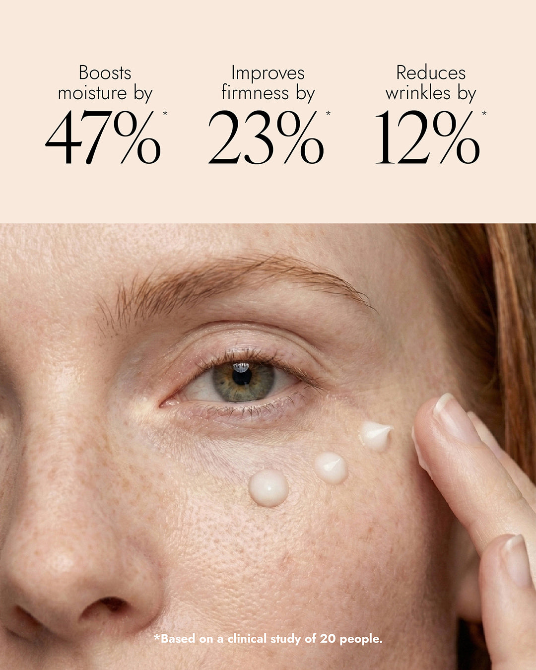 Woman applying eye cream. The image features the text "boosts moisture by 47%, improves firmness by 23% and reduces wrinkles by 12%"