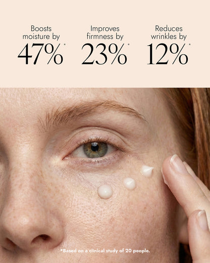 Woman applying eye cream. The image features the text "boosts moisture by 47%, improves firmness by 23% and reduces wrinkles by 12%"