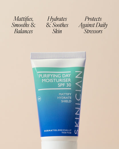 Image of Purifying Day moisturiser on beige background with text "mattifies, smooths and balances. Hydrates and soothes skin. Protects against daily stressors."