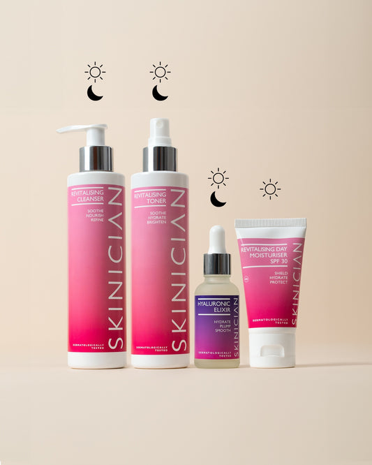 Skinician sensitive skin routine products on a beige background: Revitalising Cleanser (AM & PM), Revitalising Toner (AM & PM), Hyaluronic Elixir (AM & PM), and Revitalising Day Moisturiser SPF 30 (AM), with sun and moon icons showing when to use each.
