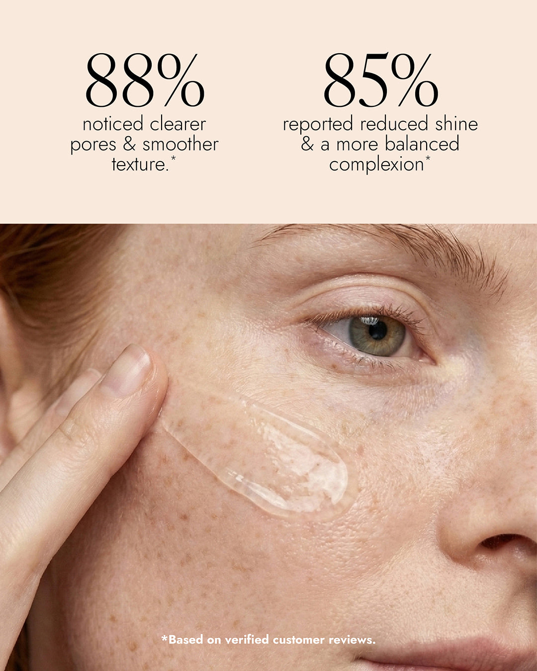 Close-up of a person applying skincare product with text on effectiveness.