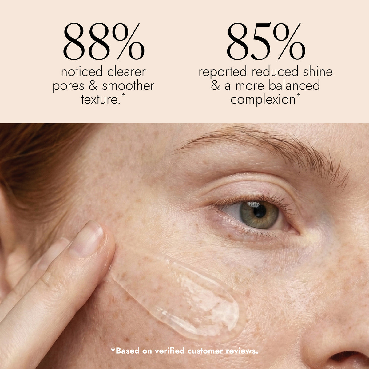 Close-up of a person's face with the Purifying Cleansing Gel applied to the cheek, alongside text claiming 88% clearer pores and smoother texture and 85% reduced shine and balanced complexion.