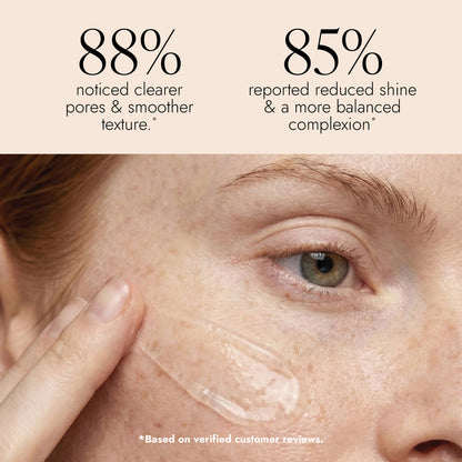 Close-up of a person's face with the Purifying Cleansing Gel applied to the cheek, alongside text claiming 88% clearer pores and smoother texture and 85% reduced shine and balanced complexion.