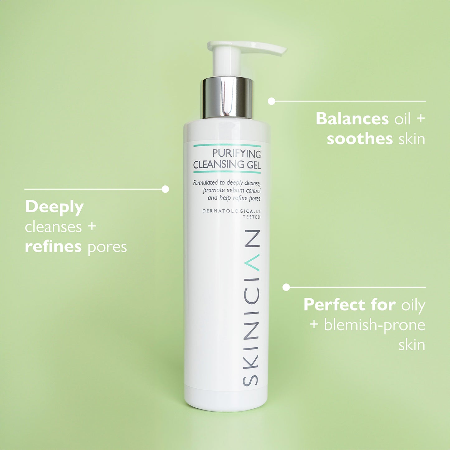 SKINICIAN purifying cleansing gel bottle with text on a green background