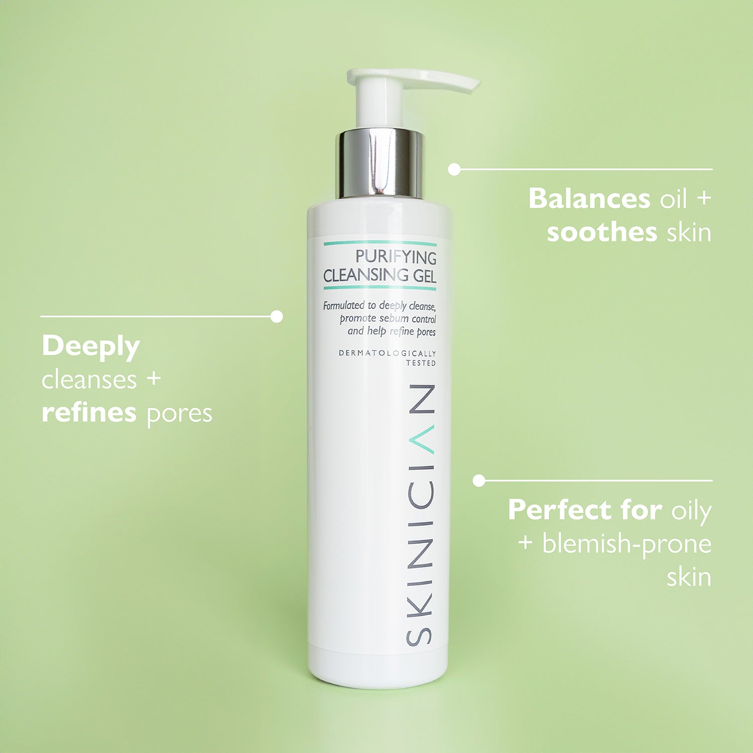 SKINICIAN purifying cleansing gel bottle with text on a green background