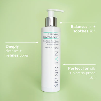SKINICIAN purifying cleansing gel bottle with text on a green background