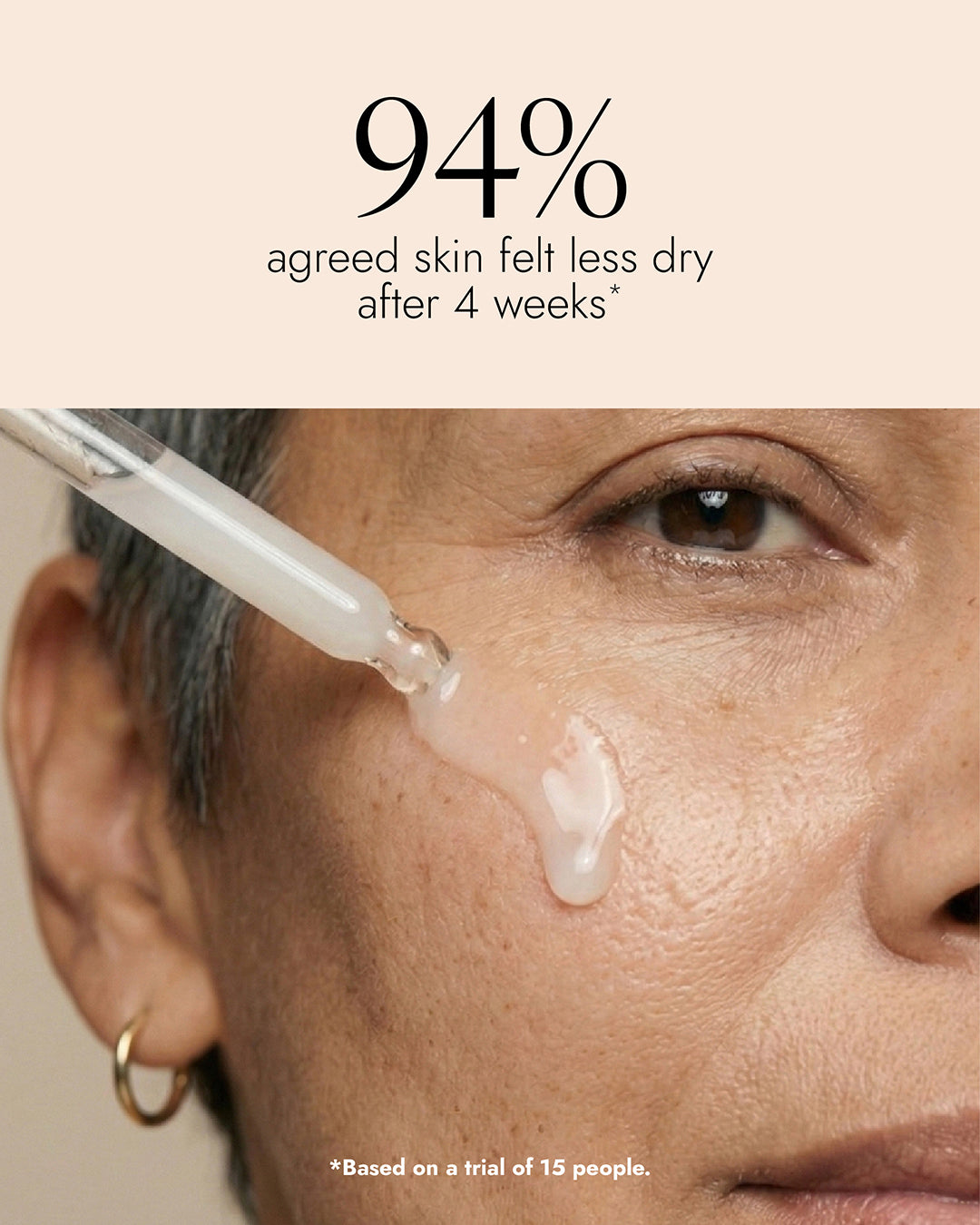 Woman applying Hyaluronic Elixir to her face with text "94% agreed skin felt less dry after 4 weeks"