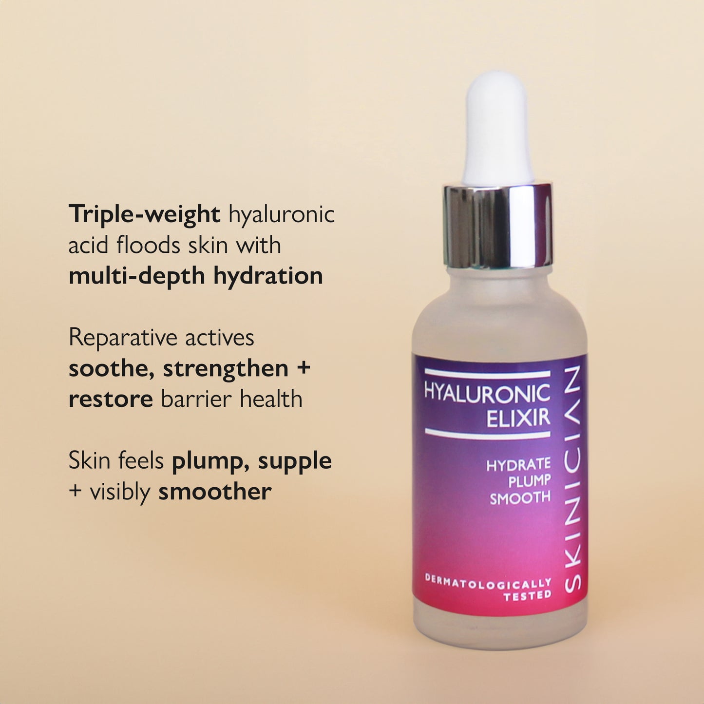 Skinician Hyaluronic Elixir bottle and packaging on a beige background. Image features the text "Triple-weight hyaluronic acid floods skin with multi-depth hydration. Reparative actives soothe, strengthen and restore barrier depth. Skin feels plump, supple and visibly smoother"