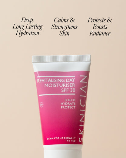 Image of Revitalising Day Moisturiser on beige background with text "Deep, long-lasting hydration. Calms & strengthens skin. Protects and boosts radiance"