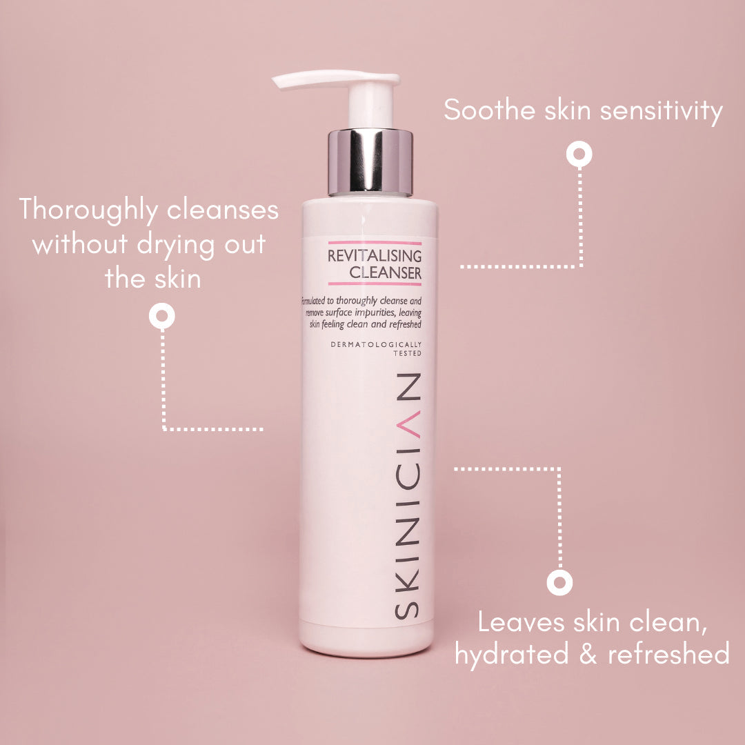 Hydrating cream cleanser annotated image.  The annotations say 'Thoroughly cleanses without drying out the skin', 'Soothe skin sensitivity' and 'Leaves skin clean, hydrated & refreshed'.