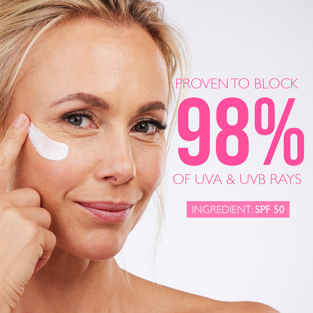 image of woman applying SPF 50 to cheek with text "proven to block 98% of UVA and UVB rays"