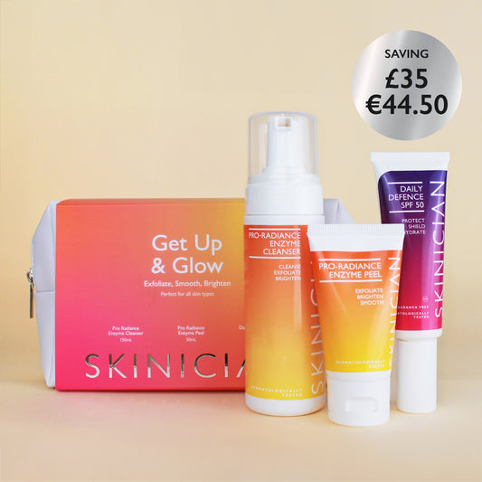 Image of Skinician Get Up & Glow Skincare Set and the products inside on a beige background. The image contains the text "saving £35 / €44.50"