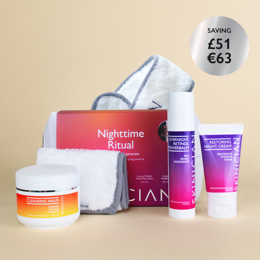 Image of Skinician Nighttime Rituals Skincare Set and the products inside on a beige background. The image contains the text "saving £51 / €63"