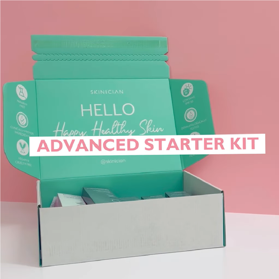Video showing the products inside the SKINICIAN Advanced Anti-Ageing skincare set, key ingredients & the texture of each product