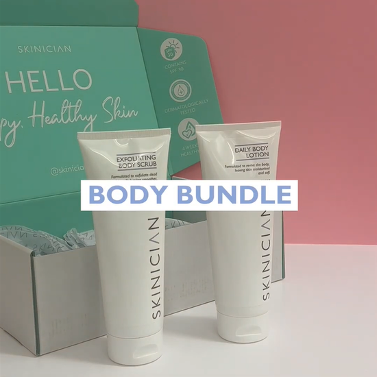 Video showing an unboxing of the SKINICIAN Body Bundle including the key ingredients and texture of each product