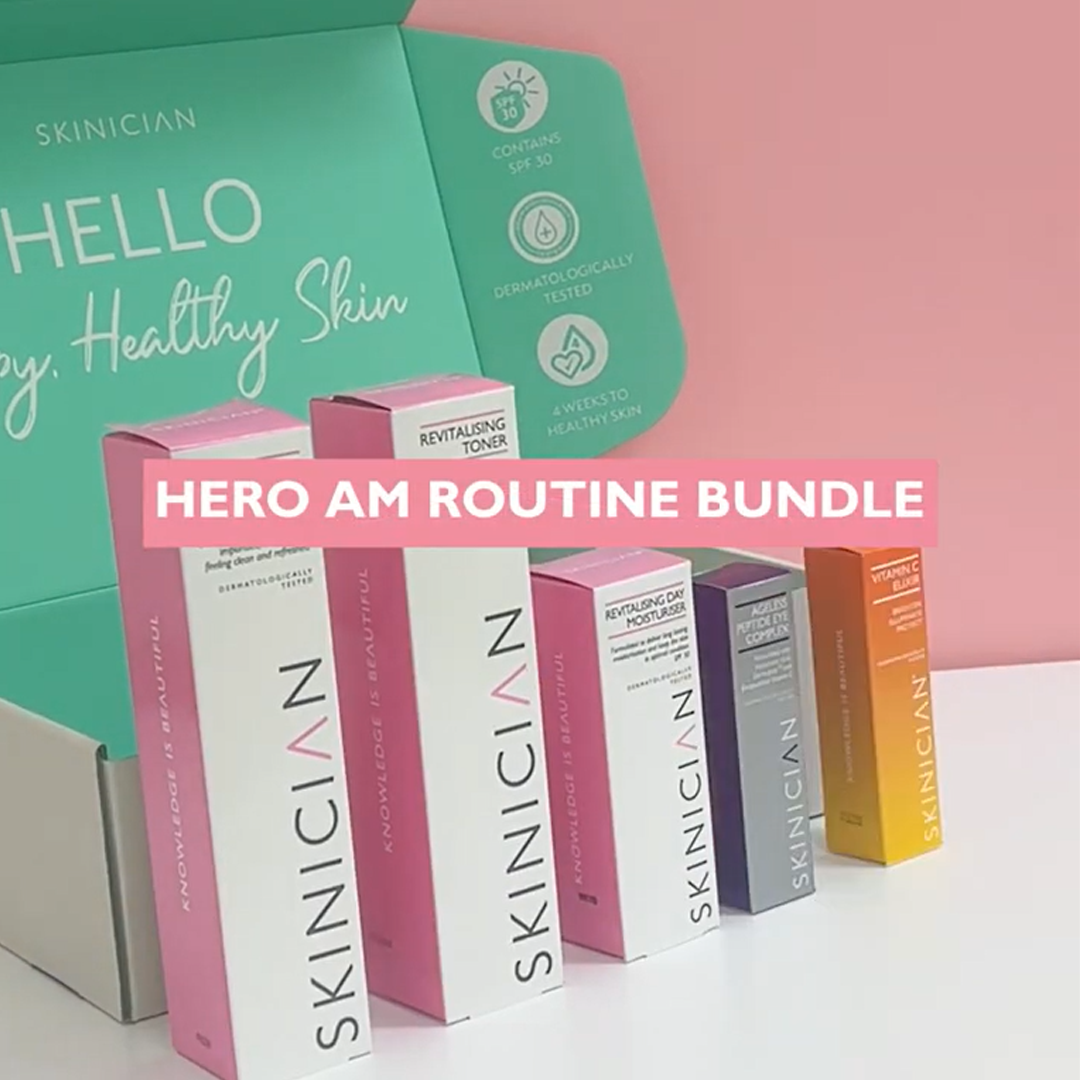 An unboxing video of Skinician morning starter kit.  Key ingredients such as Dermapep, Vitamin C, Cucumber and Pro-Vitamin B5 are shown.  Product textures are shown for each choice of product.