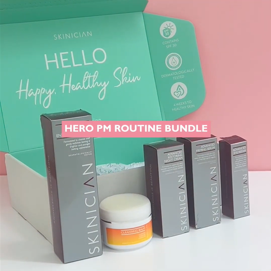 An unboxing video showing the product choices in the PM skincare bundle. Key Ingridents are shown as Dermapep, Vitamin C, Vitamin E and fruit AHA's.  Packaging and textures can be seen of each skincare product.