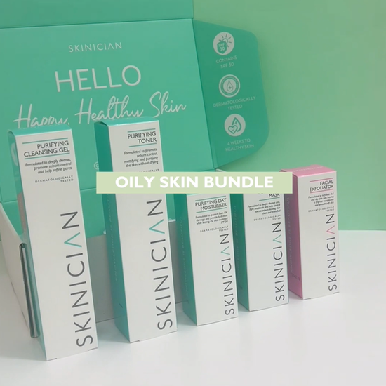 An unboxing video showing products available in this oily skin starter set.  Key ingredients such as SPF30, Vitamin C, Green Tea, Chamomile and Grapeseed Oil are shown.  Product packaging and textures are shown on the back of a ladies hand.