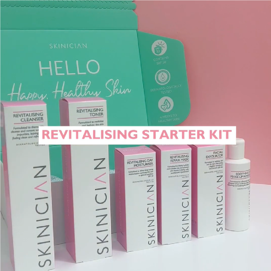 Youtube Video showing the products and textures inside the Revitalising Starter Kit for dry, sensitive and balanced skin types.