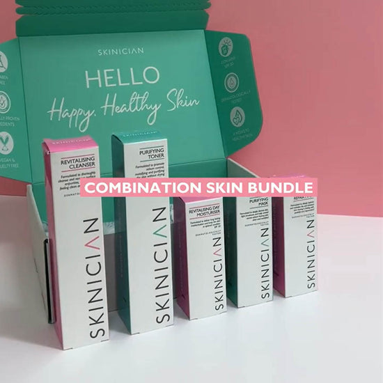 Video showing unboxing, key ingredients and textures of the skincare products inside the Combination Skin Bundle