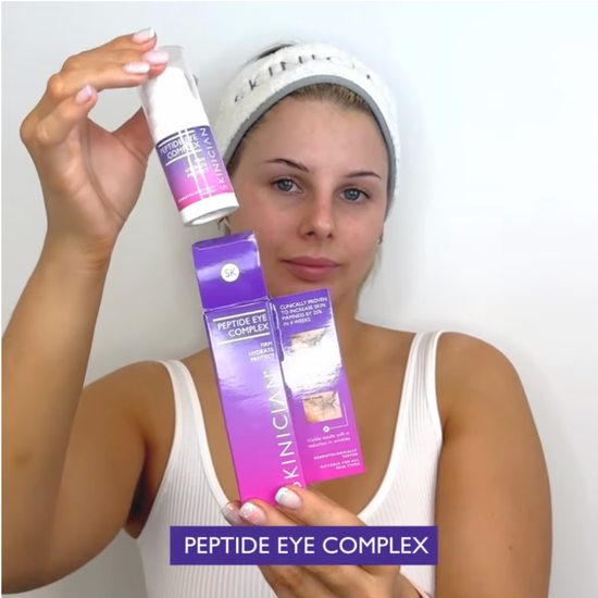 Youtube video of SKINICIAN eye cream with peptides being applied to eye area, after unboxing and pumping eye cream out of bottle