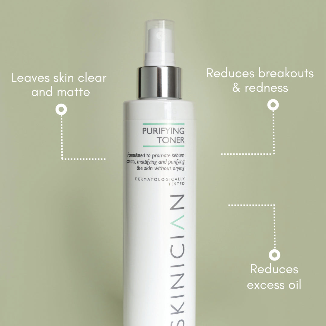 Spritz face toner for oily / acne skin annotated image.  The annotations say 'Leaves skin clear and matte ', 'Reduces breakouts & redness' and 'Reduces excess oil'.