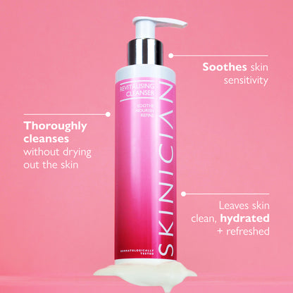 Hydrating cream cleanser annotated image.  The annotatzions say 'Thoroughly cleanses without drying out the skin', 'Soothe skin sensitivity' and 'Leaves skin clean, hydrated & refreshed'.